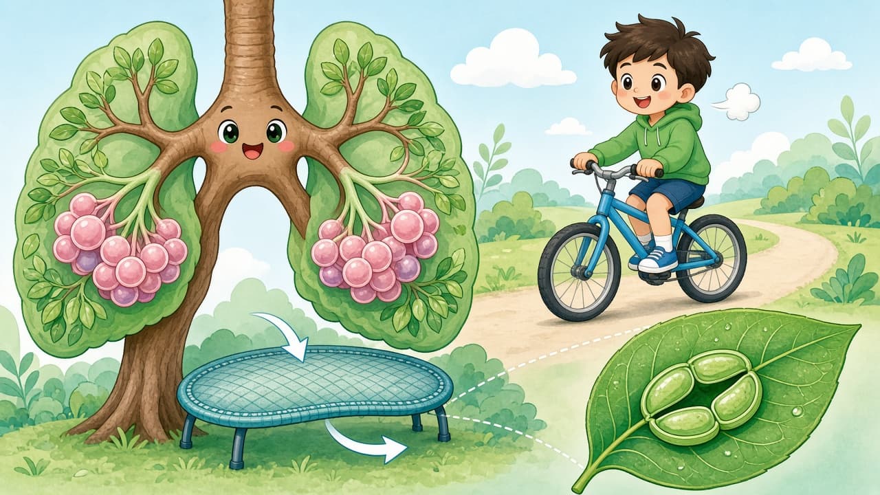 Illustration from the gas exchange lesson: lungs drawn as a tree with air sacs like grapes, a child cycling, and a leaf with open stomata.